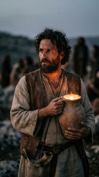 Biblical warrior illuminate: Gideon lead, Israel Judge, sacred testament, light carry, divine purpose, faith inspire, battle plan, Midianite camp, horn sound, God servant.