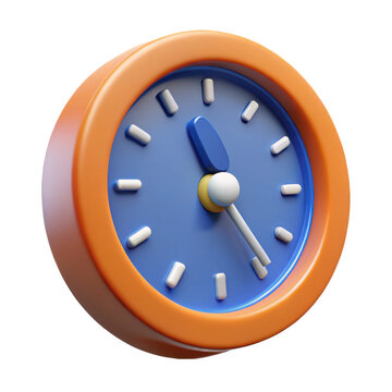 High-quality 3d render of a modern orange and blue analog clock showing time transparent background