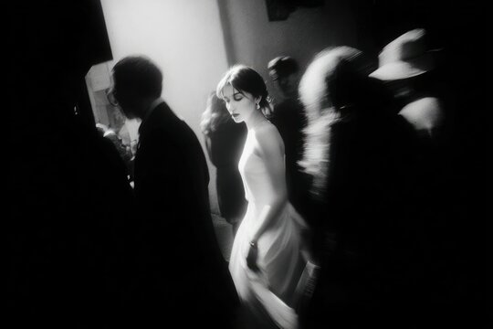 Elegant bride amidst blurred crowd.