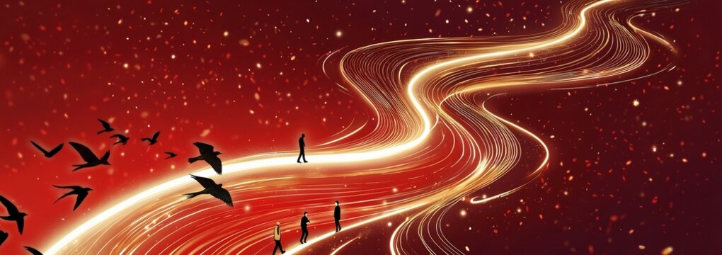 People Walking On Glowing Path With Birds