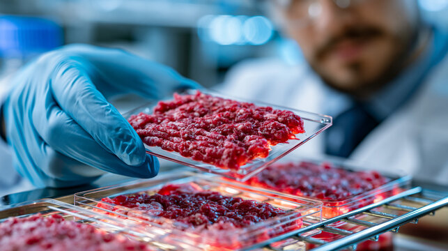 Scientist in sterile gloves removes a cultivated protein sample from a laboratory bioreactor rack under clinical white lighting, lab-grown meat production, cellular agriculture innovation, food tech