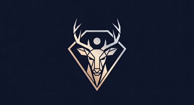Geometric deer head logo in a triangular frame.