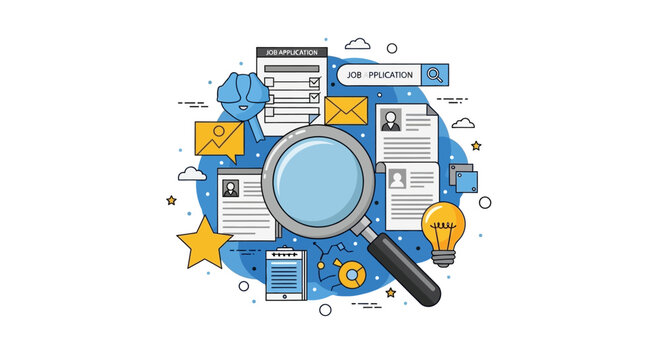 Job Recruitment and Professional Hiring Search Concept Illustration with Magnifying Glass, CVs, and Application Forms