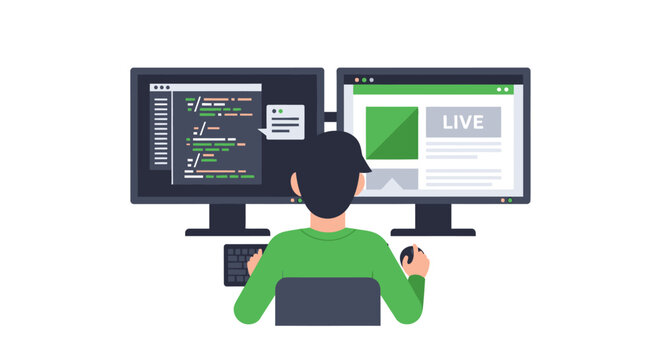 Software Developer Working with Dual Monitors for Web Programming and Application Testing Flat Vector Illustration