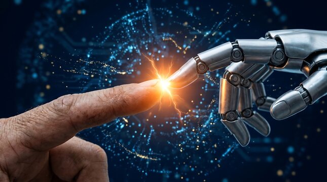 Human finger touching robot hand with an electric spark, symbolizing the powerful connection between artificial intelligence, future technology, and human innovation.
