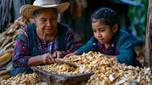 Indigenous elder and young grandchild grinding dried corn together using a traditional stone tool outdoors at dawn, intergenerational food knowledge transmission, cultural food sovereignty, and ance