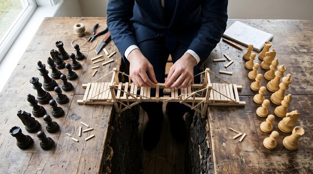 Businessman building a miniature bridge between chess armies