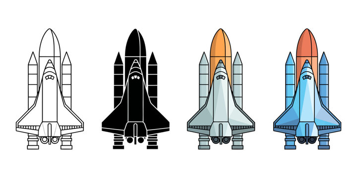 Four different colored space shuttle rockets on white background