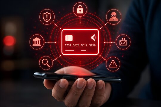 Mobile phone displaying credit card security icons and potential fraud warning.