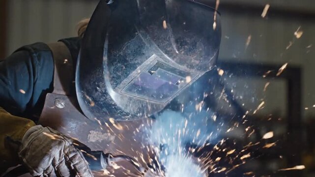 Welder wearing protective gear creates blinding sparks while working with metal in an industrial setting