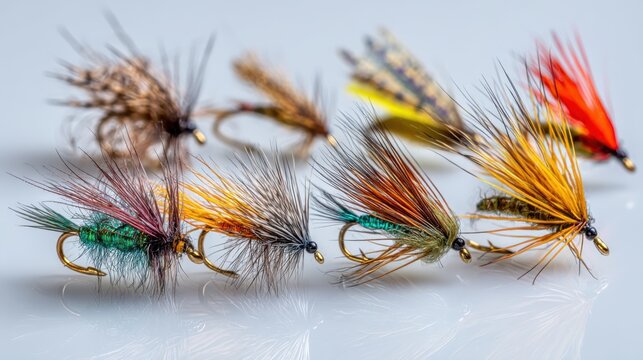 Collection of popular European fly fishing flies including Pheasant Tail, Hare's Ear, Copper John, and Elk Hair Caddis arranged on a bright white background