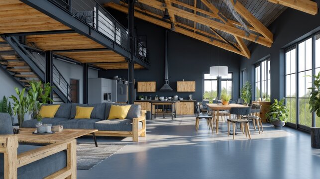 Expansive industrial style loft interior features high vaulted ceiling and modern open concept living