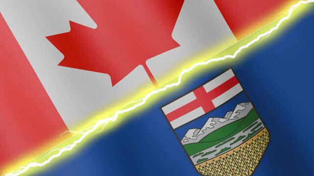 Two waving flags Canada and Alberta with diagonal lightning seamless, 4k loop