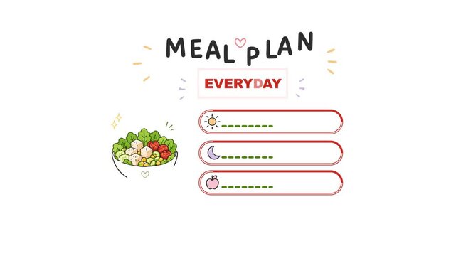 Animated meal plan template infographic on white background. Loop animation of healthy food diet planner with salad bowl illustration and filling status bars for graphic design video.