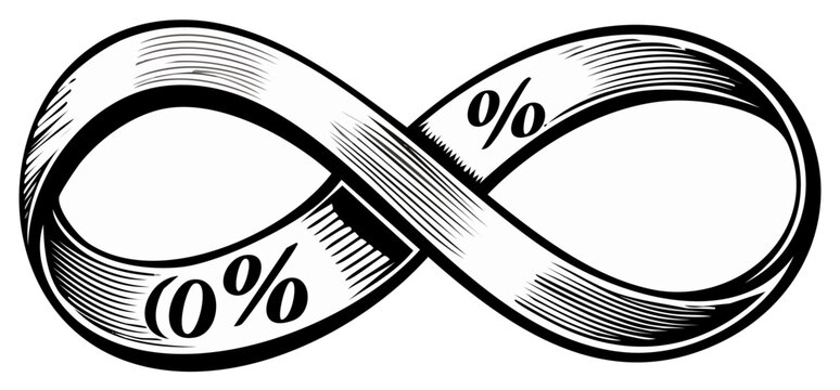 Infinity symbol illustration with zero percent text, black and white design