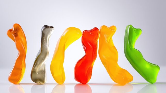 Colorful gummy candies shaped like playful figures on a clean background