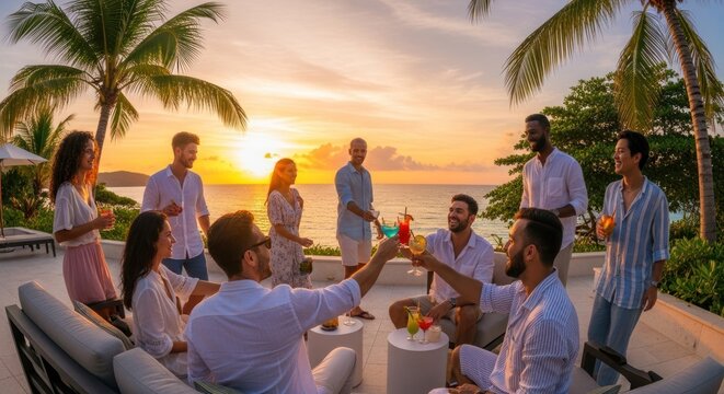 Friends enjoying cocktails on a tropical balcony at sunset