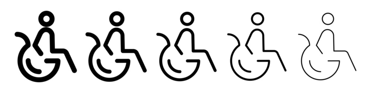 Wheelchair accessibility icon with different line thicknesses. Editable stroke. Vector graphics logo for disabled person, accessibility and public restroom signage design.