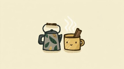Fototapeta premium Cute Cartoon Teapot and Mug Design with Leaves and Cinnamon Stick