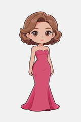 Fototapeta premium Chibi cartoon female character in pink evening gown