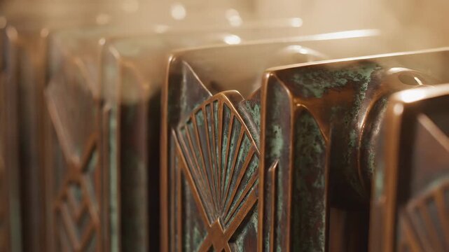 Custom bronze radiator with steam rising. Antique Art Deco design for home heating and interior renovation. Warmth and comfort concept