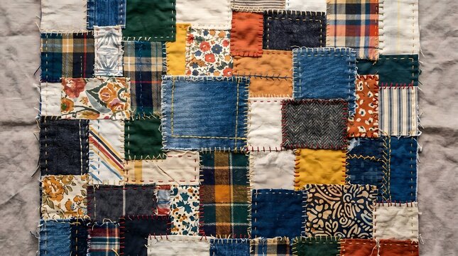 A vibrant, handmade patchwork quilt made of assorted fabric scraps joined with visible decorative stitching, perfect for craft and DIY concepts.