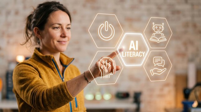 Smiling woman interacting with a futuristic glowing AI literacy interface, representing artificial intelligence education, digital skills, and tech learning.