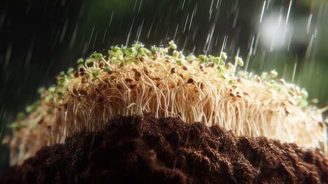 Tiny seedlings emerge from rich earth while gentle rain falls upon the young sprouts