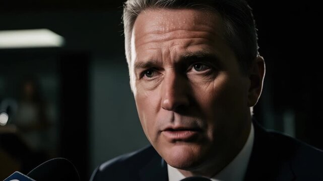 A serious politician speaking at a press conference. Close-up of an official making a public statement. Government announcement concept