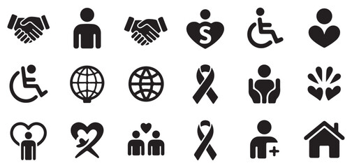 Fototapeta premium Assorted humanitarian and health icons showing handshake globe person heart wheelchair and ribbon.