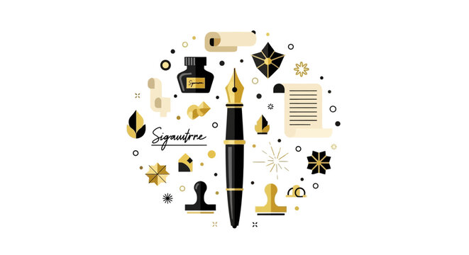 Elegant Fountain Pen and Stationery Icons in Circular Composition for Signature and Legal Document Concept - Flat Vector Illustration