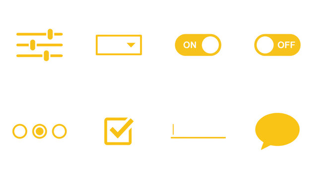 Set of eight yellow flat user interface icons on a white background, including settings, dropdown, on/off toggles, radio buttons, checkbox, and speech bubble.