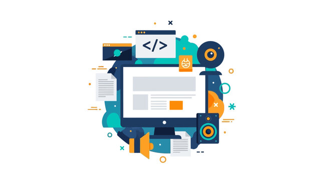 Web Development and UI UX Design Concept Vector Illustration with Computer Monitor, Coding Symbols, and Digital Marketing Icons