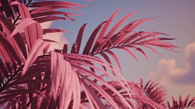 Vibrant Pink Palm Fronds Arching Over a Sunset Sky in Tropical Garden Scene