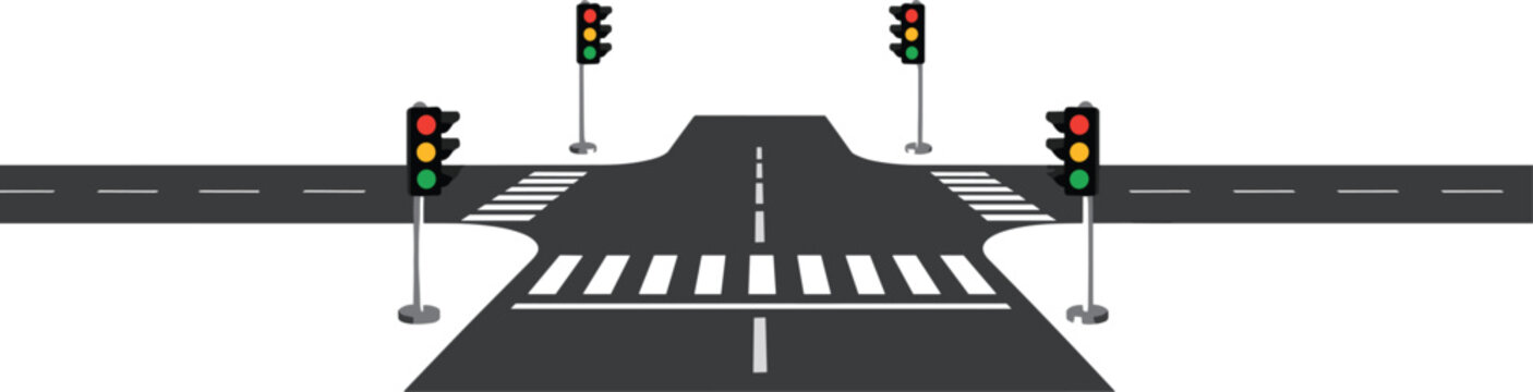 Empty T junction road intersection with pedestrian crosswalks, traffic lights and white markings vector