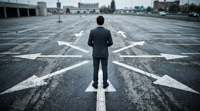 Rear view of a businessman standing in an empty asphalt parking lot facing multiple white arrow indicators pointing in different directions, symbolizing decision-making and career pathways.