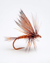 Obraz premium Ultra detailed macro photograph of a classic dry fly fishing lure featuring realistic fibers, copper wire, and a sharp barbless hook isolated on a pure white background