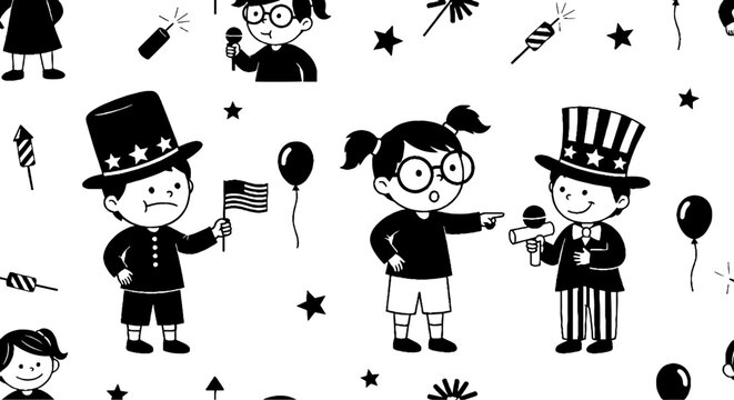 Cartoon kids celebrating with patriotic costumes and accessories
