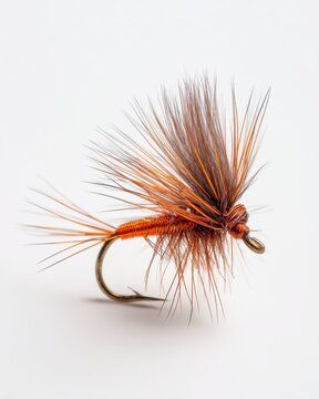 Ultra detailed macro photograph of a classic dry fly fishing lure with orange and black hackle, sharp barbless hook, isolated on pure white background, professional studio lighting