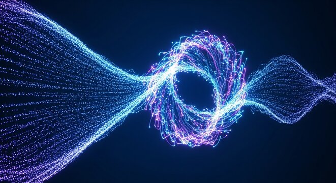 Glowing blue and purple particle vortex with central eye shape.