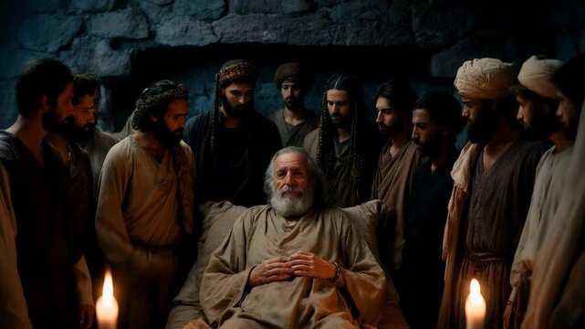 Biblical patriarch Jacob on his deathbed surrounded by his sons. Old Testament scene of Israel giving final blessings. Historical religious drama