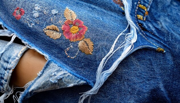 close up of ripped and embellished denim fabric adorned with floral details
