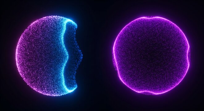 Two glowing particle orbs with vibrant blue and pink neon light effects.