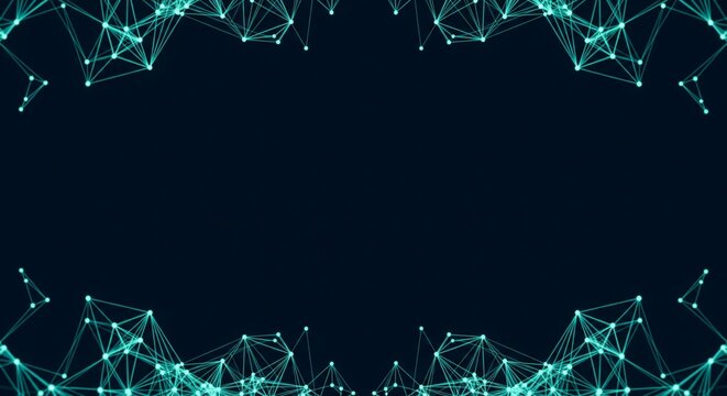 Teal geometric network frame on a dark minimalist background.