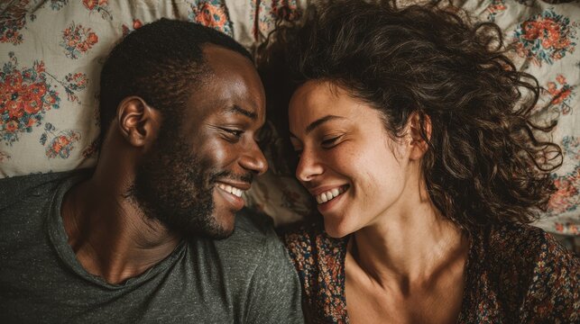 A happy couple in love communicate face-to-face while relaxing in bed.