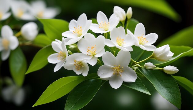 a close up view of a cluster of white flowers with green leaves