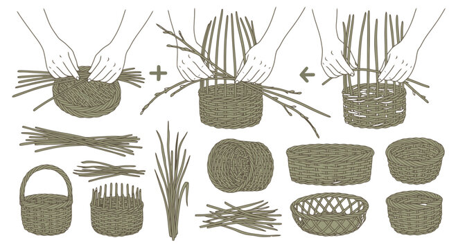 Illustration Depicting the Process of Basket Weaving and Various Basket Designs.