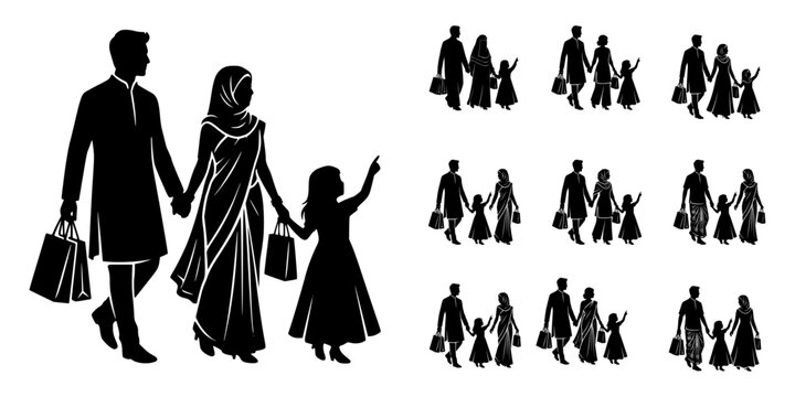 Family shopping silhouette set, traditional South Asian Eid shopping illustration