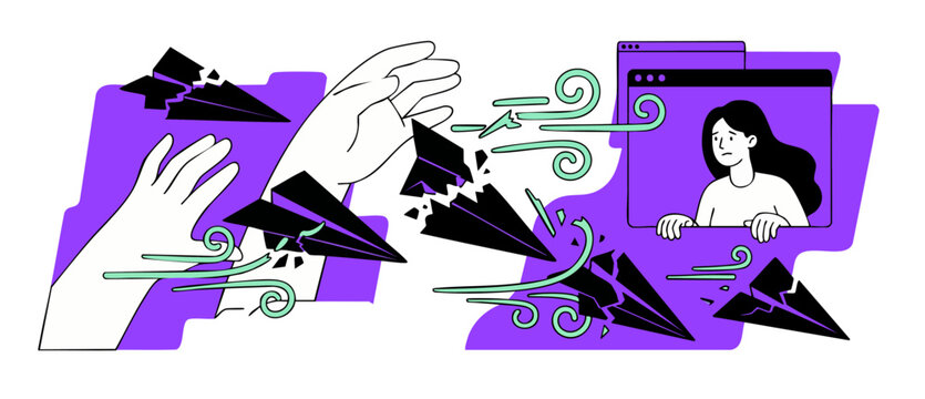 Broken paper plane communication failure concept showing hands reaching and sad woman in web browser window representing lost emails, network connection error and digital disconnect, vector flat.
