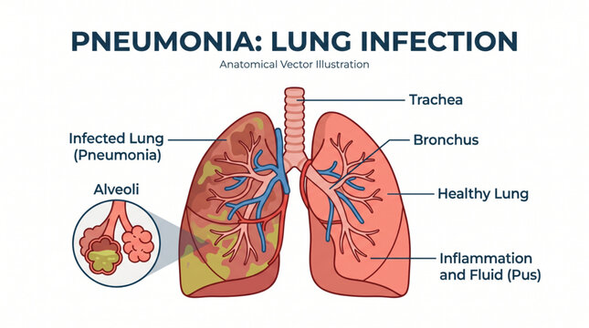 Flat pneumonia lung infection isolated on white background, medical vector illustration
